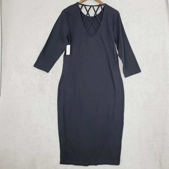 NWT New York & Com Long Black Midi Sheath Dress Crisscross Back Size L  7PT - Picture 2 of 8